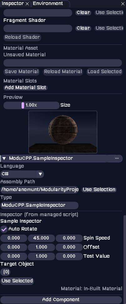 Inspector Panel with Material Properties